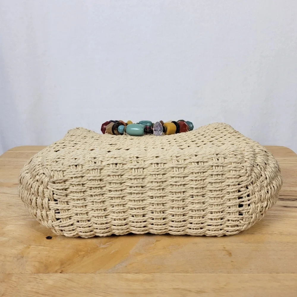 Cappelli Straworld Woven Straw Handbag Chunky Multicolor Beaded Ring Handle Tote